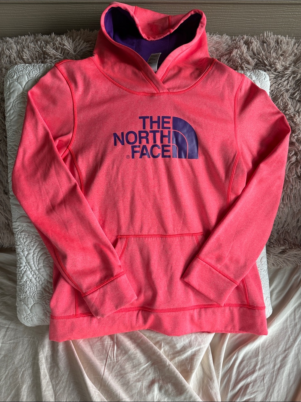 The North Face Neon Pink Pullover Hoodie with Purple Logo